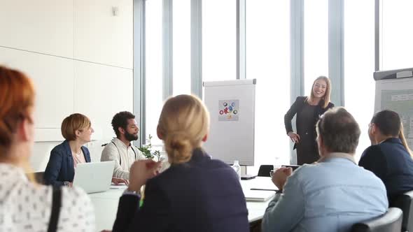 Colleagues Applauding To Beautiful Businesswoman After Presentation