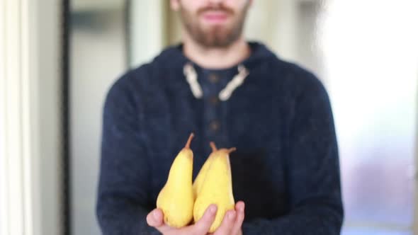 View Of Man Hands Holding Pears