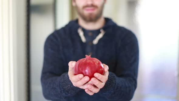 View Of Man Hands Holding Pomegranate