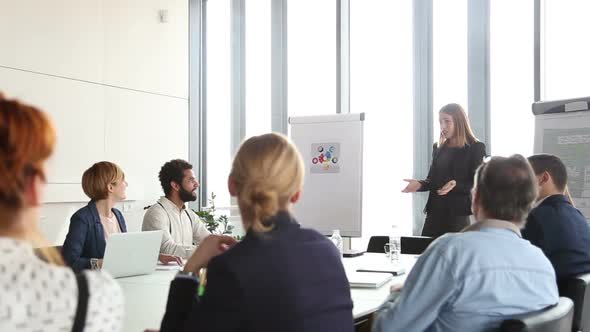 Beautiful Smiling Businesswoman Giving Presentation To Colleagues