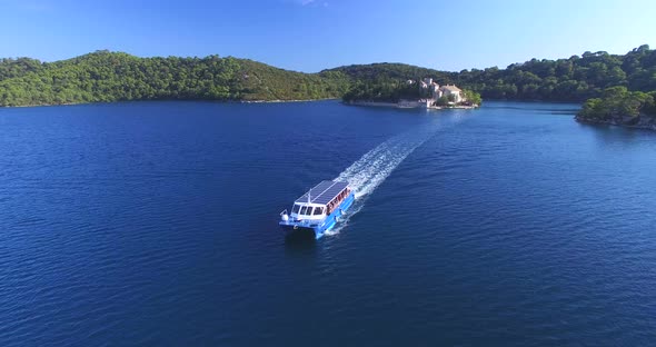 Aerial View Of Catamaran Sailing Off St. Mary Island On Island Of Mjlet, Croatia 2