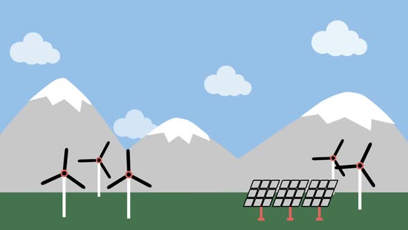 Wind turbine and solar panel in countryside 