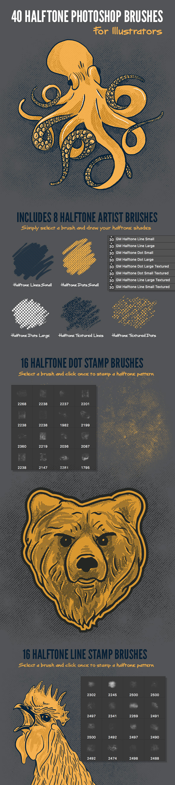 40 Halftone Illustration Brushes for Photoshop