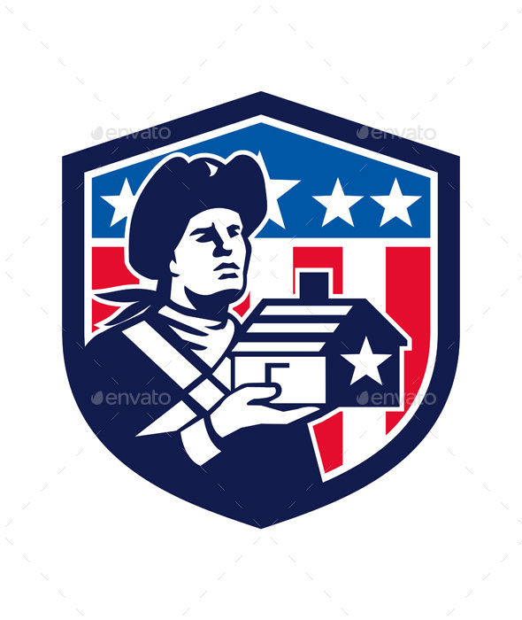 American Patriot Holding House Flag Crest Retro