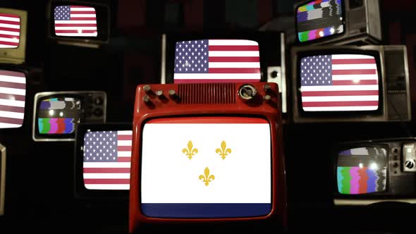 Flag Of New Orleans, Louisiana, and US Flags on Retro TVs.