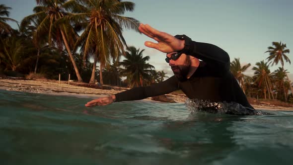 Professional Swimmer Workout Training Triathlon Competition In Open Water. Swimmer Sport Exercising.