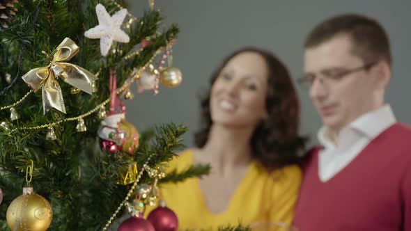 Loving Couple Admiring Merry Twinkling of Festive Lights Standing in Embrace