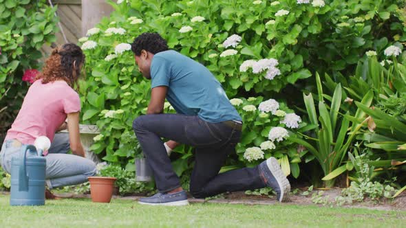 Back view of happy biracial couple gardening together, planting flowers