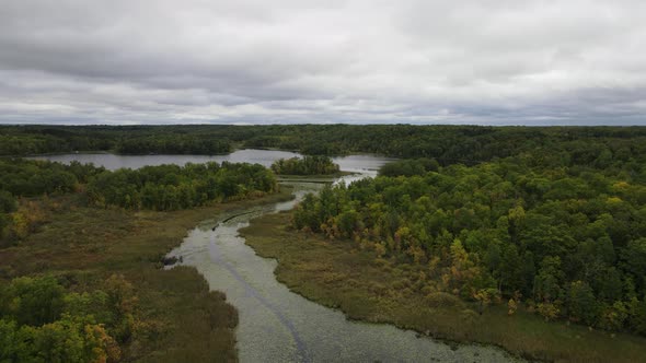 Late summer time in Minnesota, landscape aerial view over a lake in North Minnesota