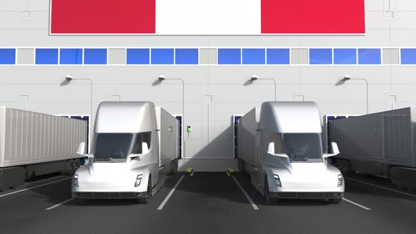 Trailer Trucks at Warehouse Loading Dock with Flag of PERU