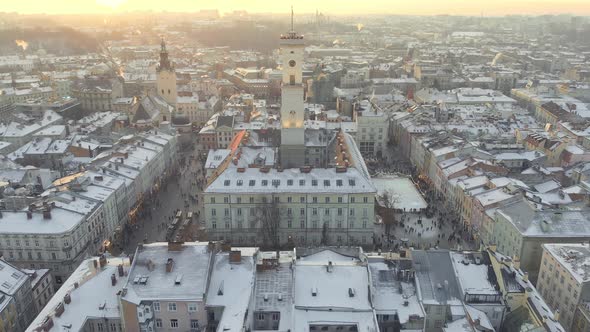 Aerial Drone View of Lviv Cityscape in Winter Western Ukraine