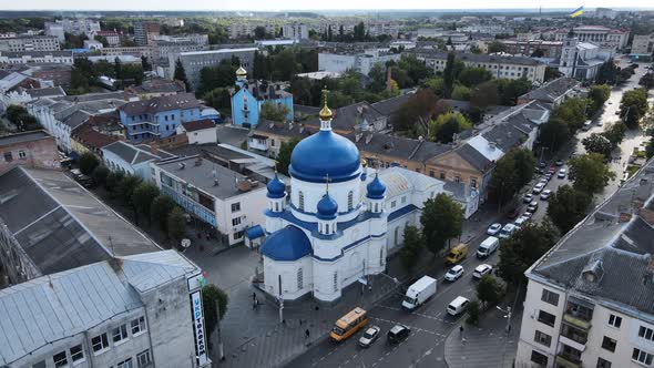 Aerial Shot The City Zhytomyr. St. Michael's Cathedral Of Zhytomyr Local Pcu. Ukraine