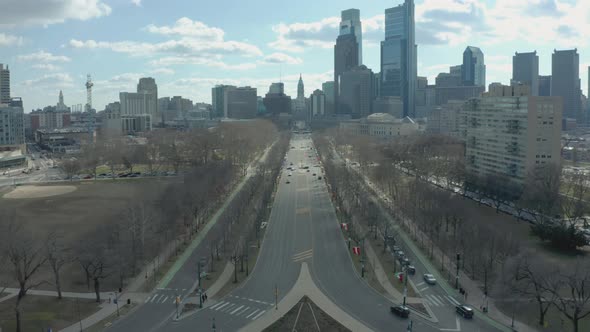 Aerial Shot of Benjamin Franklin Pkwy with Philadelphia Skyline in Background