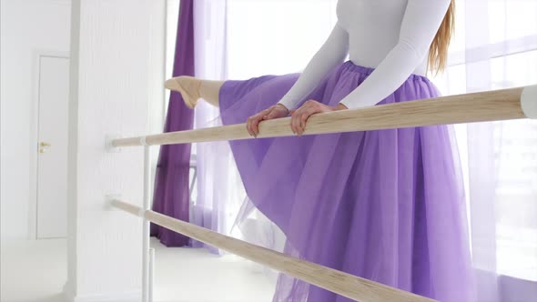 Professional Ballerina is Puts Her Leg on the Barre Stand