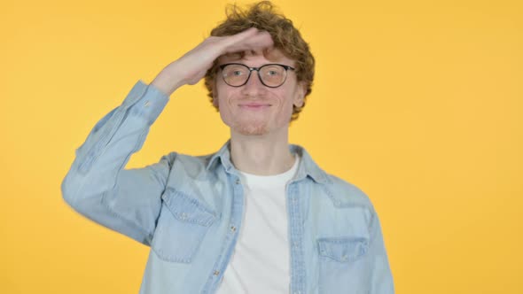 Searching Redhead Young Man Looking for Opportunity, Yellow Background 