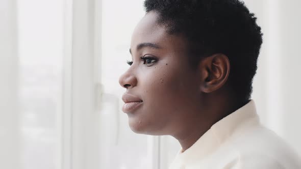 Portrait of Afro American Woman Ethnic Lady Millennial Black Girl African Model Looking Out Window