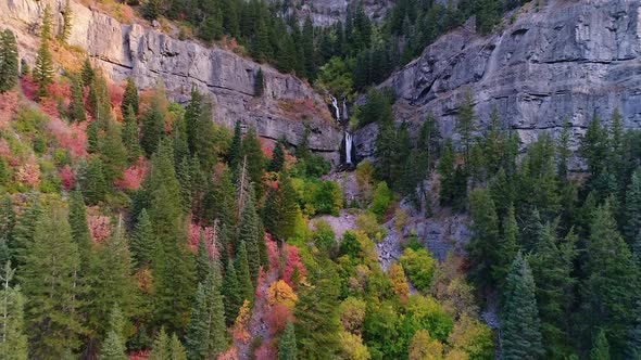 Aerial view of waterfall in the Fall in Provo Canyon viewing the color