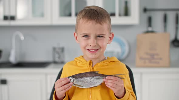 Portrait of Smiling Little Male Child with Sea Roach in His Hands Smiling and Looking at Camera