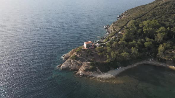 Aerial view of a small bay in Procchio along the coast on Elba Island, Italy.