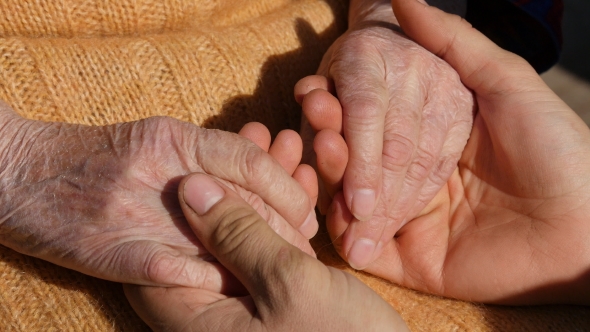 A Young Male Hands Comforting an Elderly Pair of Hands of Grandma Outdoor