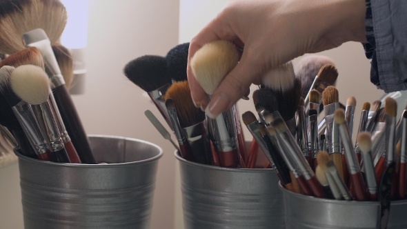 Set Of Cosmetic Brushes. Makeup Brushes In a Bucket