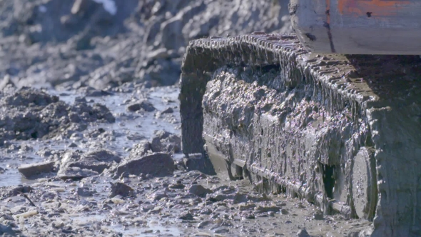 Caterpillar Excavator Moves on a Dirt Offroad
