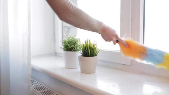 Woman With Duster Cleaning Window Sill At Home 60