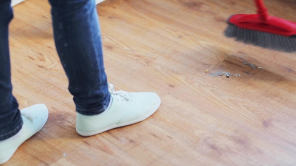 Woman With Broom Cleaning Floor At Home 32