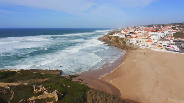 Aerial Drone View of Portugal Coastal Town with Houses in Housing Market in Sintra, Lisbon, Europe,