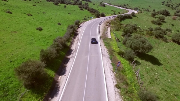 Aerial View Of The Road With Driving Car