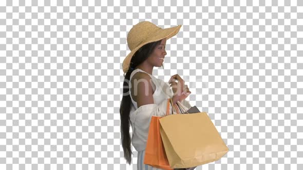 Smiling african american woman in straw, Alpha Channel