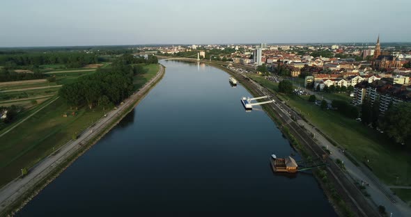 Aerial view of Drava river in Osijek, Croatia.