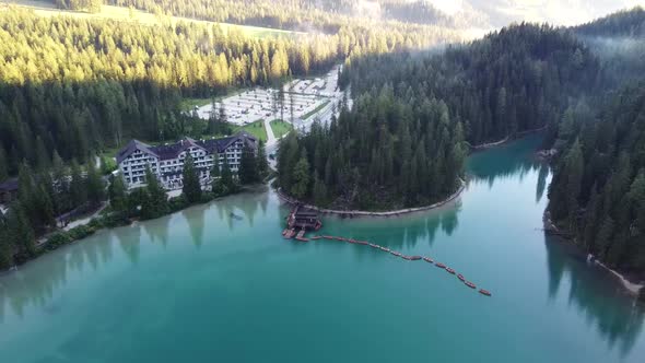 Aerial View Of Braies Mountain Lake In Dolomites, Italy