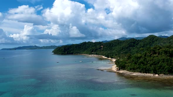 Aerial pan along the cost line, El Nido, Palawan, Philippines