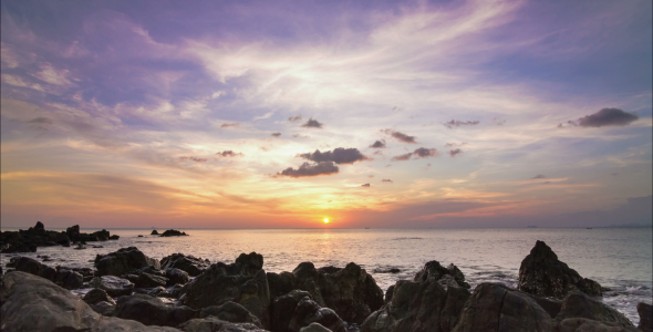 Sea Sunset On Rock Shore