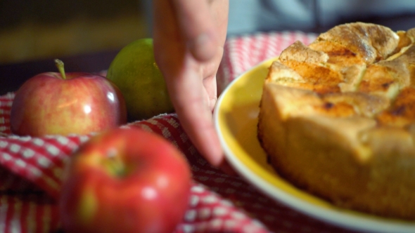 Traditional American Apple Pie On Kitchen Table. Autumn Dessert