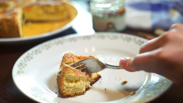 Eating Freshly Baked Apple Pie. Man Eating Piece Of Cake At Restaurant