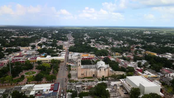 Aerial lateral view of church in Valladolid Yucatan Mexico