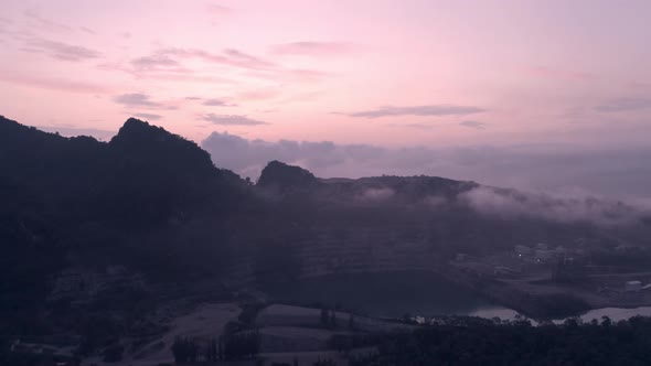 Aerial view Beautiful  Lignite coal mine and morning fog.