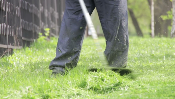 Gardener Mows The Lawn Mower Green Grass