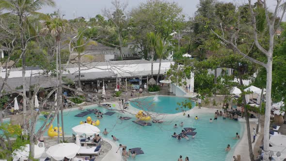 Drone View of Crowded Hotel Pool