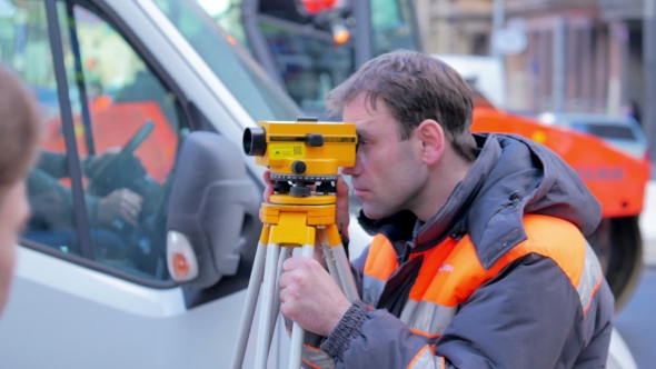 Engineers Use Tacheometer Or Theodolite For Survey Line In City Centre