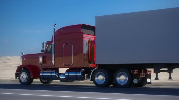 Huge semi-trailer cargo truck riding on the highway. Side view. Loopable. HD