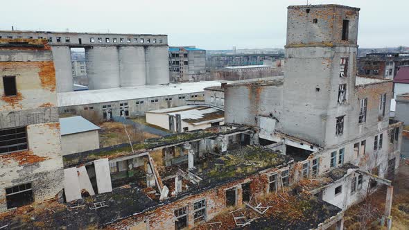 View of the old ruined buildings of the city. Abandoned factory top view.