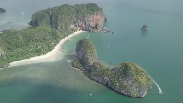 Aerial view of limestone rocks in sea, Phra Nang beach, Krabi Province, coastline Phuket, Thailand.