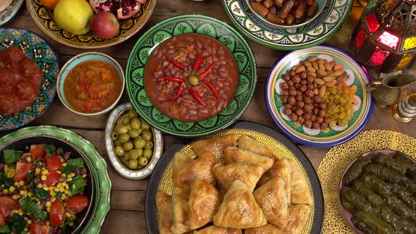 Ramadan dinner table top view. Arabic Cuisine: Middle Eastern traditional lunch. Iftar meal