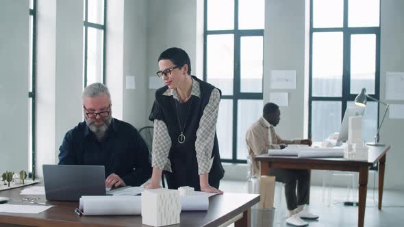 Female Architect Discussing Project on Laptop with Senior Male Coworker