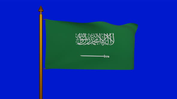 National flag of Saudi Arabia waving with flagpole on chroma key, Kingdom of Saudi Arabia flag