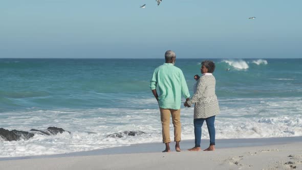 Senior couple walking through the beach