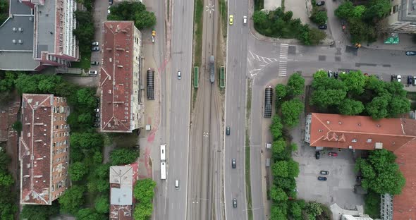 Aerial top down view of street traffic of the city center. Urban Landscape.